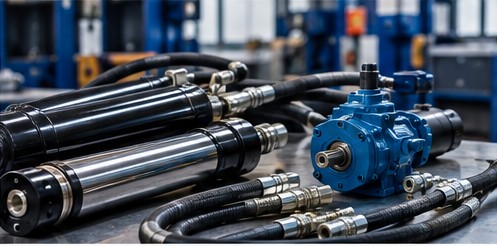 Hydraulic cylinders and pumps on a workshop bench
