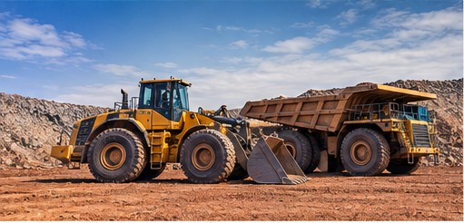 Yellow excavator working at an open-pit mine